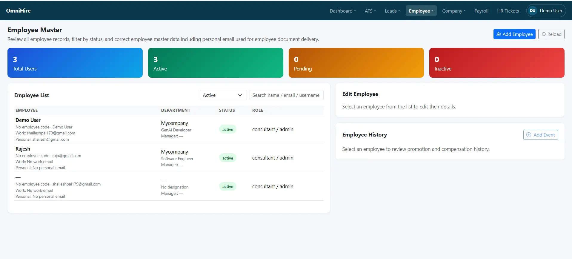 HR360 employee management module showing employee profiles, departments and reporting hierarchy